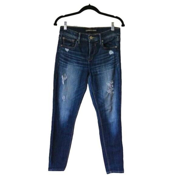 Women's Express Jeans Mid Rise Cropped Legging Dark Wash Size 6 Distressed - Picture 1 of 5